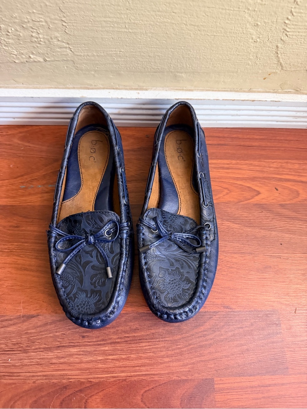 b.o.c. Navy Embossed Driving Moccasins with Bow Accent